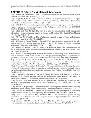 Blaya JA, Fraser HSF, Holt B. E-health technologies show promise in developing countries. Health Aff (Millwood). 2010;29(2):243-
50.



APPENDIX Exhibit 1a: Additional References
[1a] Merrell RC, Merriam N, Doarn C. Information support for the ambulant health worker.
Telemed J E Health. 2004 Winter;10(4):432-6.
[2a] Singh AK, Kohli M, Trell E, Wigertz O, Kohli S. Bhorugram (India): revisited. A 4 year
follow-up of a computer-based information system for distributed MCH services. International
journal of medical informatics. 1997 Apr;44(2):117-25.
[3a] Llido LO. The impact of computerization of the nutrition support process on the nutrition
support program in a tertiary care hospital in the Philippines: report for the years 2000-2003.
Clin Nutr. 2006 Feb;25(1):91-101.
[4a] Chae YM, Kim SI, Lee BH, Choi SH, Kim IS. Implementing health management
information systems: measuring success in Korea's health centers. Int J Health Plann Manage.
1994 Oct-Dec;9(4):341-8.
[5a] Al Farsi M, West DJ, Jr. Use of electronic medical records in Oman and physician
satisfaction. J Med Syst. 2006 Feb;30(1):17-22.
[6a] Weinhara M, Stoicu-Tivadar L, Dagres C. Early stage testing of user's satisfaction after
implementation of a central electronic health record (EHR) system in Serbia. Journal on
Information Technology in Healthcare. 2009;7(2):127-33.
[7a] Sequist TD, Cullen T, Hays H, Taualii MM, Simon SR, Bates DW. Implementation and
use of an electronic health record within the Indian Health Service. J Am Med Inform Assoc.
2007 Mar-Apr;14(2):191-7.
[8a] Ndira SR, Rosenberger KD, Wetter T. Assessment of data quality of and staff satisfaction
with an electronic health record system in a developing country (Uganda): A qualitative and
quantitative comparative study. Methods of Information in Medicine. 2008 2008;47(6):489-98.
[9a] Rotich JK, Hannan TJ, Smith FE, Bii J, Odero WW, Vu N, et al. Installing and
implementing a computer-based patient record system in sub-Saharan Africa: the Mosoriot
Medical Record System. J Am Med Inform Assoc. 2003 Jul-Aug;10(4):295-303.
[10a] Pourasghar F, Malekafzali H, Koch S, Fors U. May not fit Factors influencing the quality
of medical documentation when a paper-based medical records system is replaced with an
electronic medical records system: an Iranian case study. Int J Technol Assess Health Care. 2008
Fall;24(4):445-51.
[11a] Ayyagari A, Bhargava A, Agarwal R, Mishra SK, Mishra AK, Das SR, et al. Use of
telemedicine in evading cholera outbreak in Mahakumbh mela, Prayag, UP, India: An
encouraging experience. Telemedicine Journal and E-Health. 2003;9(1):89-94.
[12a] Alvarez Flores MG, Guarner J, Terres Speziale AM. [Productivity before and after
installing a computerized system in a clinical laboratorya]. Rev Invest Clin. 1995 Jan-
Feb;47(1):29-34.
[13a] Turhan K, Kayikcioglu T. Implementation of a virtual private network-based laboratory
information system serving a rural area in Turkey. Laboratory Medicine. 2006;37(9):527-31.
[14a] Cassiani SH, Freire CC, Gimenes FR. [Electronic medical prescription at a university
hospital: writing failures and users' opinions]. Rev Esc Enferm USP. 2003 Dec;37(4):51-60.
[15a] Costa AL, de Oliveira MM, Machado Rde O. An information system for drug
prescription and distribution in a public hospital. International journal of medical informatics.
2004 May;73(4):371-81.
[16a] Gimenes FRE, Miasso AI, De Lyra Jr DP, Grou CR. Electronic prescription as
contributing factor for hospitalized patients' safety. Pharmacy Practice. 2006;4(1):13-7.



                                                                                                                              1
 