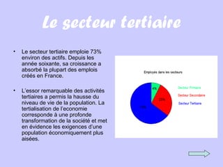 Le secteur tertiaire
• Le secteur tertiaire emploie 73%
environ des actifs. Depuis les
année soixante, sa croissance a
absorbé la plupart des emplois
créés en France.
• L’essor remarquable des activités
tertiaires a permis la hausse du
niveau de vie de la population. La
tertialisation de l’economie
corresponde à une profonde
transformation de la société et met
en évidence les exigences d’une
population économiquement plus
aisées.
 