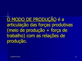 O MODO DE PRODUÇÃO  é a articulação das forças produtivas (meio de produção + força de trabalho) com as relações de produção. 