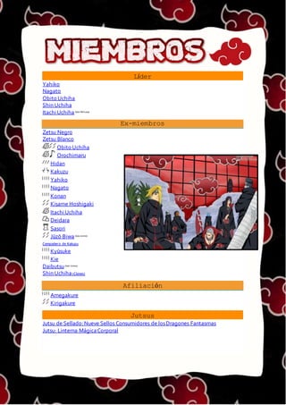 MIEMBROS
Líder
Yahiko
Nagato
Obito Uchiha
Shin Uchiha
Itachi Uchiha(Sólo Películas)
Ex-miembros
Zetsu Negro
Zetsu Blanco
Obito Uchiha
Orochimaru
Hidan
Kakuzu
Yahiko
Nagato
Konan
Kisame Hoshigaki
Itachi Uchiha
Deidara
Sasori
Jūzō Biwa(Solo Anime)
Compañero de Kakuzu
Kyūsuke
Kie
Daibutsu(Solo Anime)
Shin Uchiha(Clones)
Afiliación
Amegakure
Kirigakure
Jutsus
Jutsu de Sellado:Nueve Sellos Consumidores de losDragones Fantasmas
Jutsu: Linterna MágicaCorporal
 