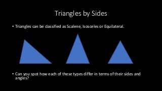 Triangles by Sides
• Triangles can be classified as Scalene, Isosceles or Equilateral.
• Can you spot how each of these types differ in terms of their sides and
angles?
 