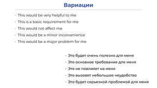 Вариации
• This would be very helpful to me
• This is a basic requirement for me
• This would not affect me
• This would be a minor inconvenience
• This would be a major problem for me
• Это будет очень полезно для меня
• Это основное требование для меня
• Это не повлияет на меня
• Это вызовет небольшое неудобство
• Это будет серьезной проблемой для меня
 