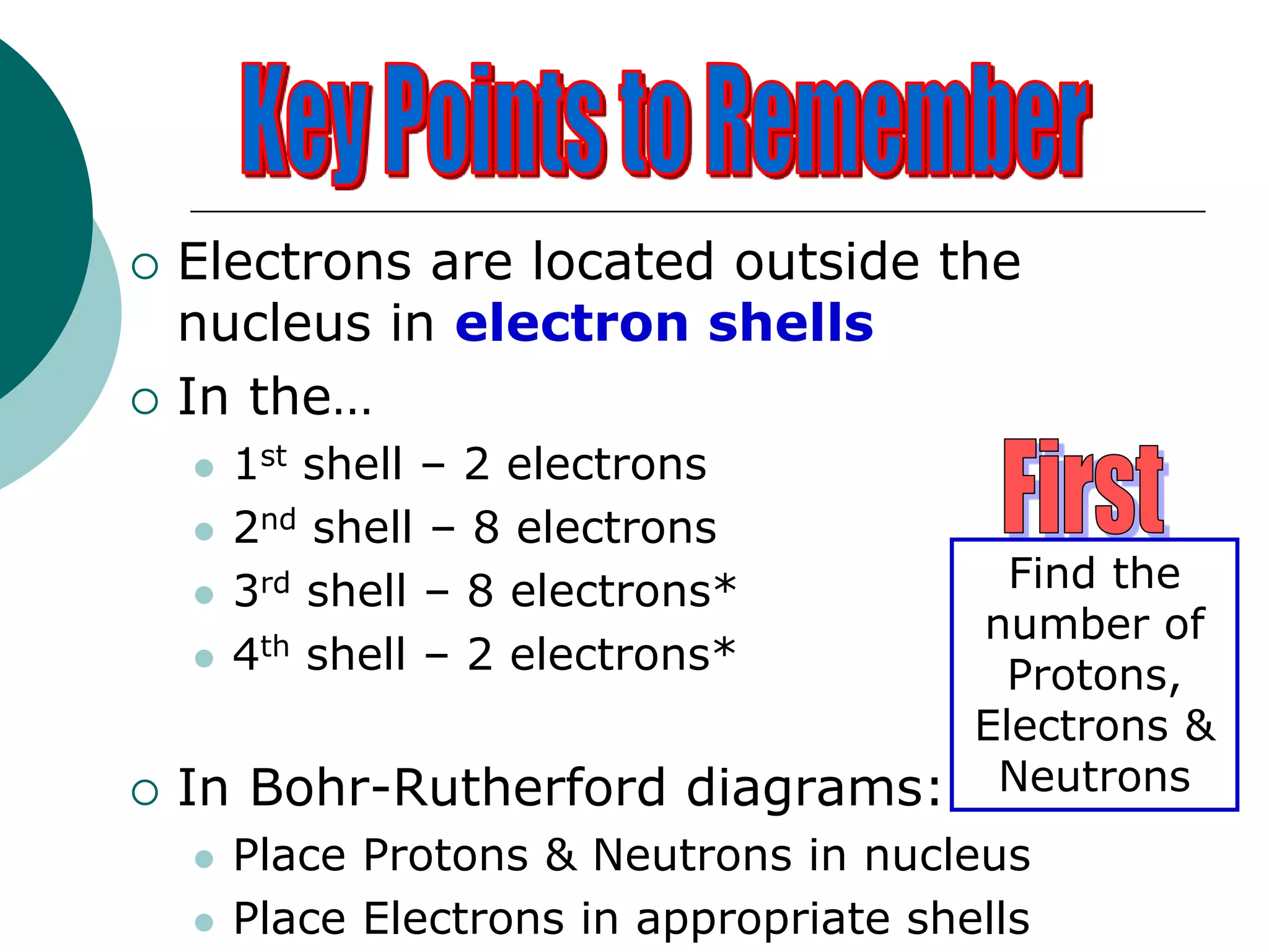  Electrons are located outside the
nucleus in electron shells
 In the…
 1st shell – 2 electrons
 2nd shell – 8 electrons
 3rd shell – 8 electrons*
 4th shell – 2 electrons*
 In Bohr-Rutherford diagrams:
 Place Protons & Neutrons in nucleus
 Place Electrons in appropriate shells
Find the
number of
Protons,
Electrons &
Neutrons
 