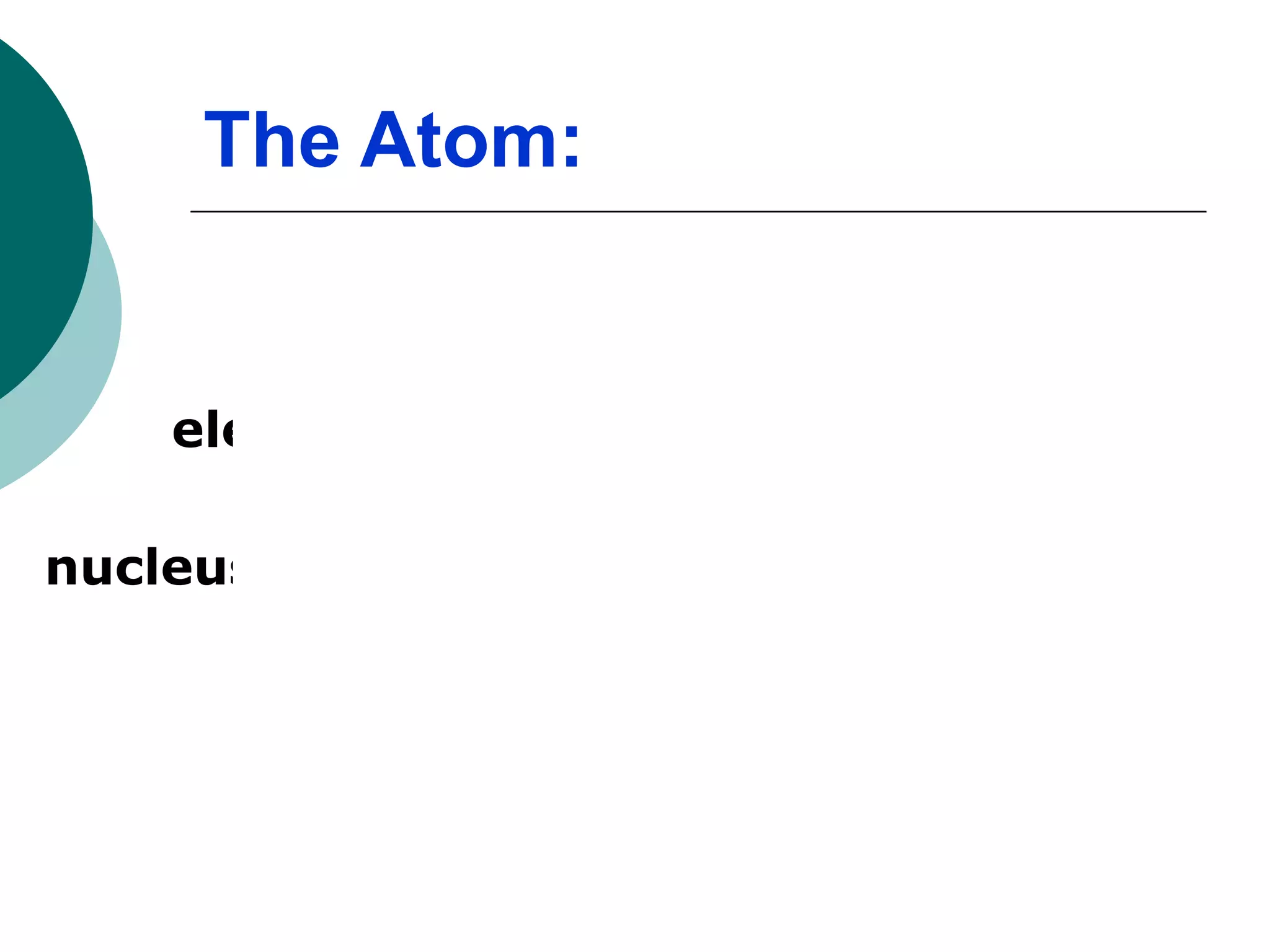 education.jlab.org/ qa/atom_model.html
The Atom:
nucleus
electron neutron
proton
 