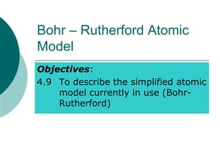 Bohr – Rutherford Atomic
Model
Objectives:
4.9 To describe the simplified atomic
model currently in use (Bohr-
Rutherford)
 