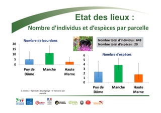 20 
15 
10 
5 
0 
Etat des lieux : 
Nombre d’individus et d’espèces par parcelle 
Puy de 
Dôme 
Manche Haute 
Marne 
6 
5 
4 
3 
2 
1 
0 
Nombre total d’individus : 648 
Nombre total d’espèces : 20 
Puy de 
Dôme 
Manche Haute 
Marne 
Nombre d’espèces 
Nombre de bourdons 
2 années – 4 périodes de piégeage – 4 transects par 
parcelle 
 