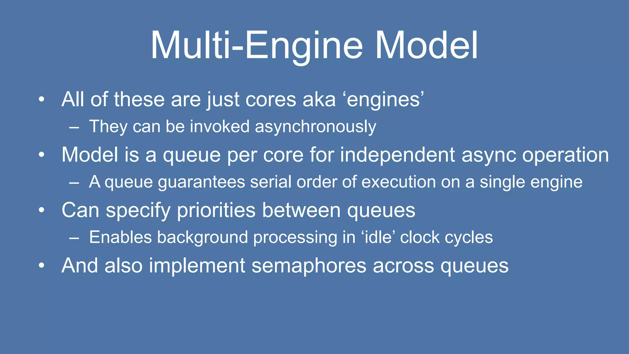 Multi-Engine Model
• All of these are just cores aka ‘engines’
– They can be invoked asynchronously
• Model is a queue per core for independent async operation
– A queue guarantees serial order of execution on a single engine
• Can specify priorities between queues
– Enables background processing in ‘idle’ clock cycles
• And also implement semaphores across queues
 