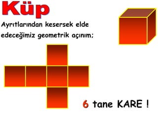 Ayrıtlarından kesersek elde
edeceğimiz geometrik açınım;




                         6 tane KARE !
 