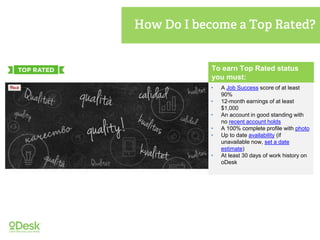 To earn Top Rated status
you must:
• A Job Success score of at least
90%
• 12-month earnings of at least
$1,000
• An account in good standing with
no recent account holds
• A 100% complete profile with photo
• Up to date availability (if
unavailable now, set a date
estimate)
• At least 30 days of work history on
oDesk
 
