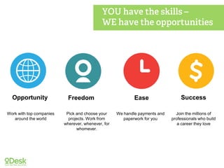 Opportunity EaseFreedom Success
Pick and choose your
projects. Work from
wherever, whenever, for
whomever.
We handle payments and
paperwork for you
Join the millions of
professionals who build
a career they love
Work with top companies
around the world
 