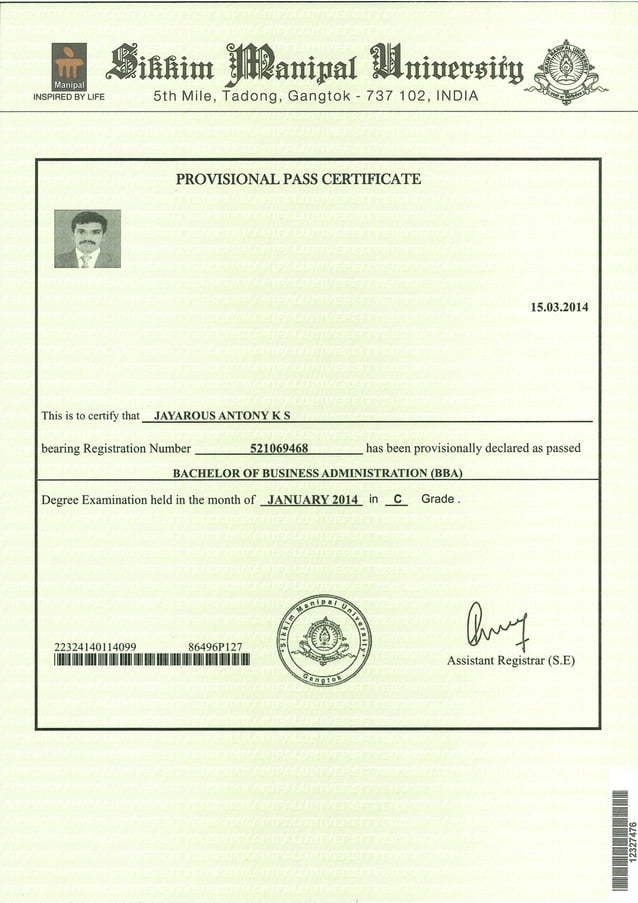 Provisional Pass Certificate - Sikkim Manipal University | PDF