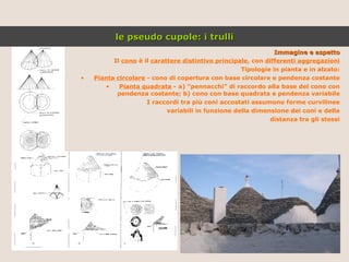 Immagine e aspetto Il  cono  è il  carattere distintivo principale , con  differenti aggregazioni Tipologie in pianta e in alzato: Pianta circolare  - cono di copertura con base circolare e pendenza costante Pianta quadrata  - a) “pennacchi” di raccordo alla base del cono con pendenza costante; b) cono con base quadrata e pendenza variabile I raccordi tra più coni accostati assumono forme curvilinee variabili in funzione della dimensione dei coni e della distanza tra gli stessi le pseudo cupole: i trulli 