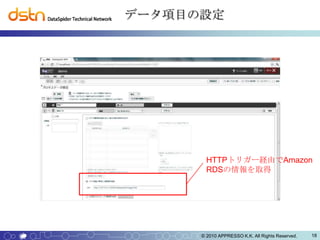 データ項目の設定




        HTTPトリガー経由でAmazon
        RDSの情報を取得




      © 2010 APPRESSO K.K. All Rights Reserved.   18
 
