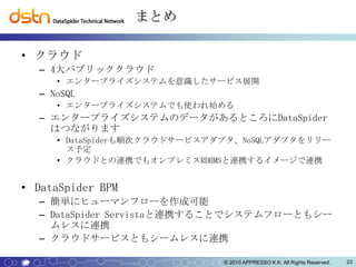 まとめ

• クラウド
  – 4大パブリッククラウド
     • エンタープライズシステムを意識したサービス展開
  – NoSQL
     • エンタープライズシステムでも使われ始める
  – エンタープライズシステムのデータがあるところにDataSpider
    はつながります
     • DataSpiderも順次クラウドサービスアダプタ、NoSQLアダプタをリリー
       ス予定
     • クラウドとの連携でもオンプレミスRDBMSと連携するイメージで連携


• DataSpider BPM
  – 簡単にヒューマンフローを作成可能
  – DataSpider Servistaと連携することでシステムフローともシー
    ムレスに連携
  – クラウドサービスともシームレスに連携

                              © 2010 APPRESSO K.K. All Rights Reserved.   23
 