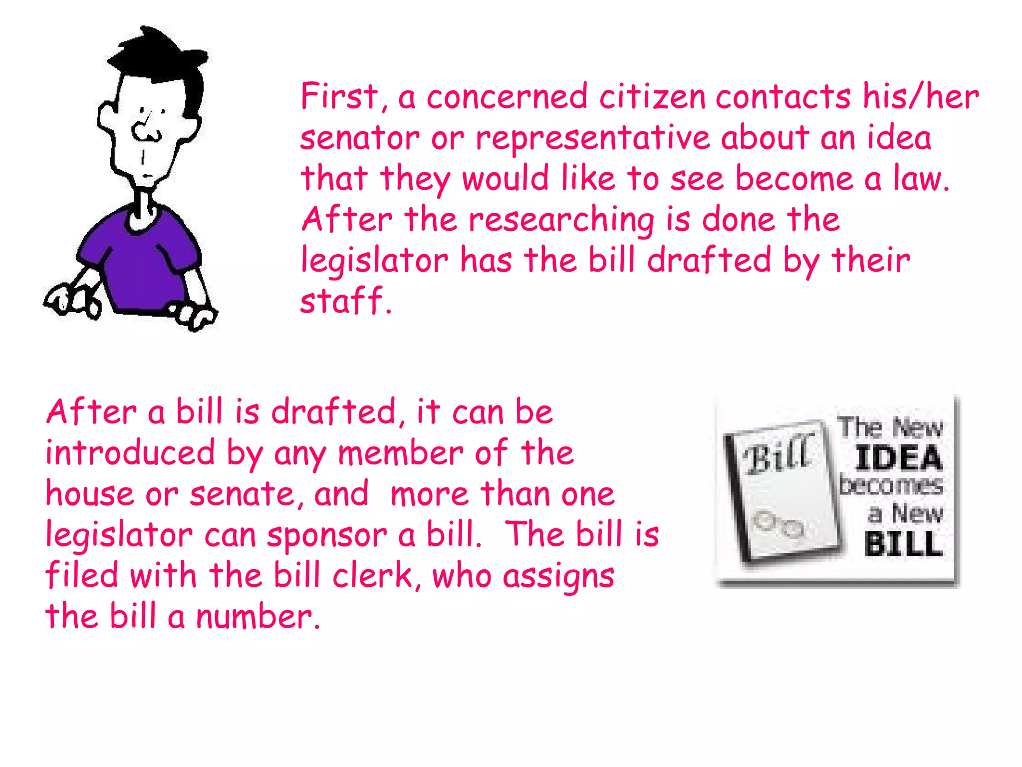 First, a concerned citizen   contacts his/her senator or representative about an idea that they would like to see become a law.   After the researching is done the legislator has the bill drafted by their staff. After a bill is drafted, it can be introduced by any member of the house or senate, and  more than one legislator can sponsor a bill.  The bill is filed with the bill clerk, who assigns the bill a number. 