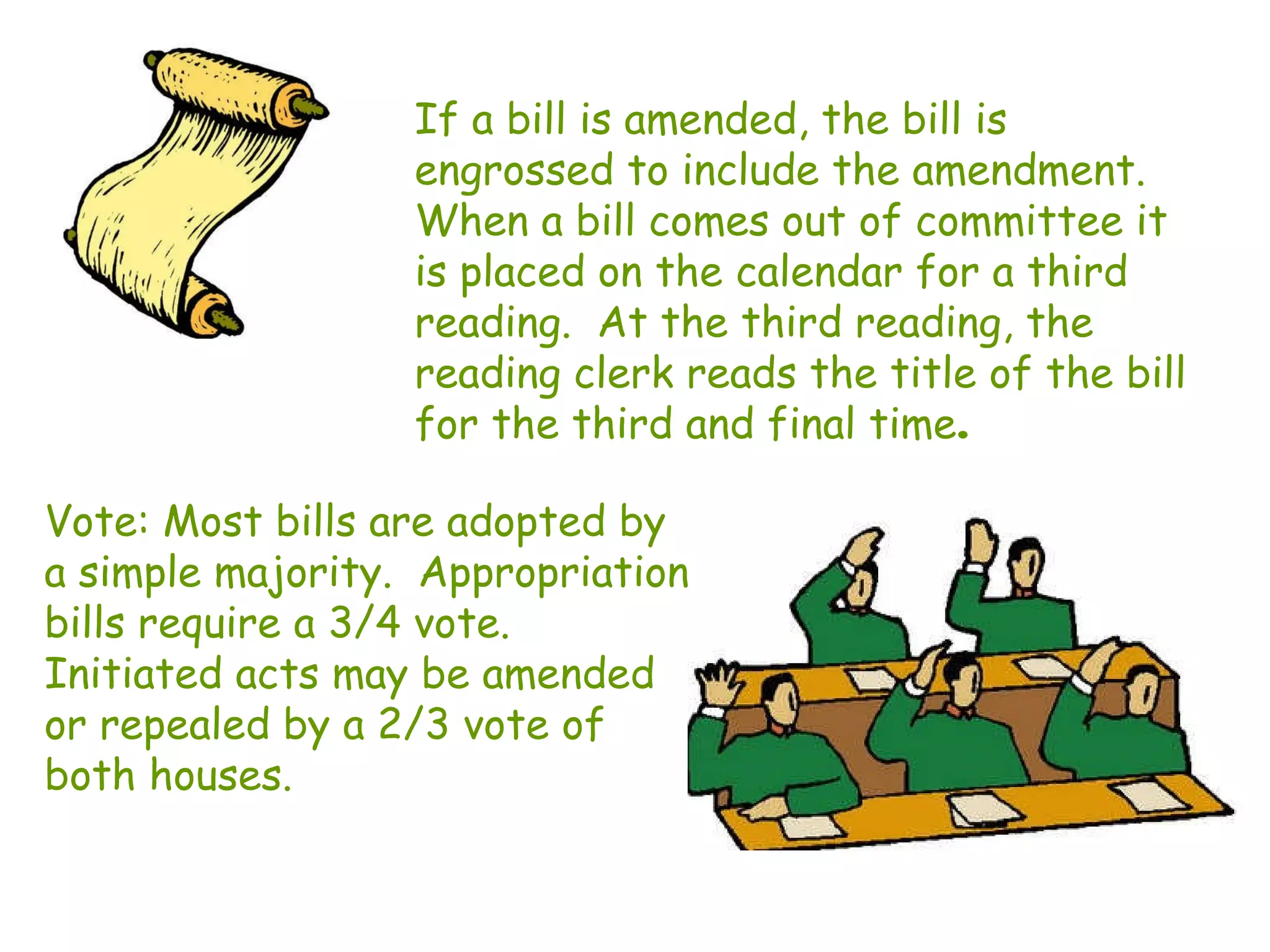 If a bill is amended, the bill is engrossed to include the amendment. When a bill comes out of committee it is placed on the calendar for a third reading.  At the third reading, the reading clerk reads the title of the bill for the third and final time . Vote: Most bills are adopted by a simple majority.  Appropriation bills require a 3/4 vote.  Initiated acts may be amended or repealed by a 2/3 vote of both houses. 