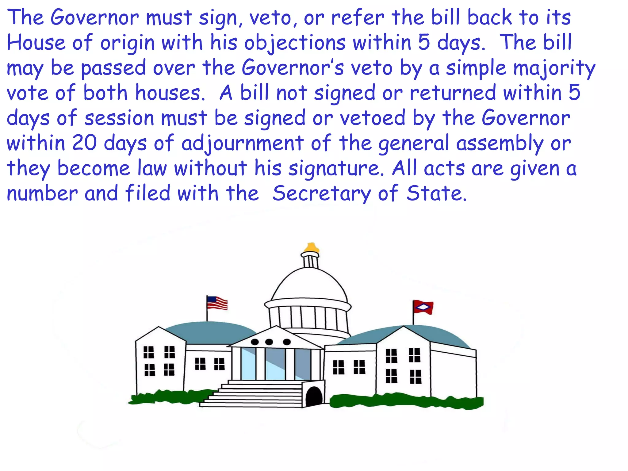The Governor must sign, veto, or refer the bill back to its House of origin with his objections within 5 days.  The bill may be passed over the Governor’s veto by a simple majority vote of both houses.  A bill not signed or returned within 5 days of session must be signed or vetoed by the Governor within 20 days of adjournment of the general assembly or they become law without his signature. All acts are given a number and filed with the  Secretary of State. 