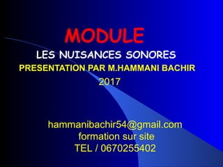 MODULE
LES NUISANCES SONORES
PRESENTATION PAR M.HAMMANI BACHIR
2017
hammanibachir54@gmail.com
formation sur site
TEL / 0670255402
 