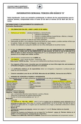 COLEGIO CAMILO HENRÍQUEZ
DIRECCIÓN ACADÉMICA BÁSICA
INFORMATIVO SEMANAL TERCER AÑO BÁSICO “A”
Señor Apoderado: Junto con saludarlo cordialmente, le informo de los requerimientos para la
próxima semana, comprendida entre el lunes 25 de abril al viernes 29 de Abril del año en
curso.
INFORMACIONES O REQUERIMIENTOS GENERALES:
Estimados Apoderados:
 CELEBRACION DIA DEL LIBRO LUNES 25 DE ABRIL:
 Disfraces por temática: Literatura fantástica y ciencia ficción.
 Literatura maravillosa.
 Comics y novelas gráficas (superhéroes, villanos y manga).
 Literatura del terror y suspenso.
La actividad es opcional, la idea es que todos participen.
 Intercambio de libro: Los invitamos a donar dos libros en buen estado y podrás cambiar el libro que
tú quieres. Canje por orden de llegada y se entrega en mayo.
 Desfile: Se realizará un pequeño desfile con los niños disfrazado en el primer recreo.
 El libro del PROYECTO ZIEMAX para el DESARROLLO DE LAS HABILIDADES DE COMPRENSIÓN
LECTORA, se utiliza solo los días MIÉRCOLES de cada semana. Se inició su uso el miércoles 6 de
abril, se aplicó la última Evaluación Diagnóstica N° 5 y la coevaluación de las N° 1 y 2. Los textos
quedaron en el colegio para realizar revisión.
 Libro de lectura complementaria mes deABRIL es:
“LA POROTA” – Autor: Hernán del Solar – Editorial Zig - Zag.
Debe traerlo TODOS los días. Tiene que venir debidamente identificado (Nombrey Apellido).
 Con respecto al Plan Lector, recuerden que si el estudiante no trae el libro algún día, será anotado en
la Planilla de Registro y quedará atrasado en la actividad.
 Los certificados médicos y/o de especialistas deben ser entregados a inspectorìa o profesora jefe por
medio de una comunicación.
 Colación saludable:Lunes día de LÁCTEOS, Miércoles día del CEREAL, Viernes día de la FRUTA
 HORARIO DE ATENCIÓN A PADRES Y APODERADOS
Para agendar una cita con algún profesor(a), se solicita enviar una nota con anterioridad.
PROFESOR ASIGNATURA HORARIO
Victoria Espinoza Jefatura Viernes de 09:45 a 11:15horas
Mauricio Figueroa Ed. Física y Salud Miércoles de 17:00 a 18:45 horas
Germán Villalón Inglés Lunes de15:30 a 17:00 horas
Erika Allendes Ciencias Naturales Lunes de 09:45 a 11:15 horas
Yaremi Ibáñez Religión Jueves de 11:30 a 13:00 horas
LENGUAJE:
DOCENTE: Victoria Espinoza
Objetivos: “Textos Literarios”
 Leer y comprender diferentes textos literarios: cuentos y fábulas
 Determinar el significado de palabras desconocidas.
 Escribir en forma correcta palabras con: “g” y “j”.
Materiales:
 Lunes 25:
-Se celebrará el “DÍA DEL LIBRO”, para lo cual se sugiere que el estudiante venga disfrazado de un
personaje de algún libro. Debe saber su nombre, características y su rol en el libro. (La idea es que no
signifique un gasto para Ud., le sugiero que con elementos de su hogar y creatividad confeccione el disfraz
para su hijo(a)).
 Martes 26:
-Entrega del Cuaderno de Caligrafía, realizar de la página 11 a la 20. Revisar rúbrica en el portal.
 Miércoles27:
-Entrega del Cuaderno de Redacción con la Copia N°4 “La llorona”, página 32. Revisar rúbrica en el
portal. La primera evaluación corresponde de a diagnóstica.
-Trabajo en el LIBRO DEL PROYECTO ZIEMAX: Desarrollo de las Habilidades de Comprensión Lectora.
 