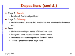 Inspections (contd.) Stage 4 -  Rework Resolve all faults and problems Stage 5 -  Follow-up Moderator must ensure that every issue has been resolved in some way Team Moderator-manager, leader of inspection team Designer - team responsible for current phase Implementer - team responsible for next phase Tester - preferably from SQA team 