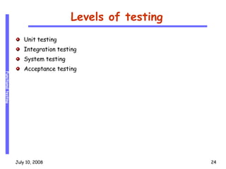 Levels of testing Unit testing Integration testing System testing Acceptance testing 