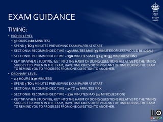 EXAM GUIDANCE
• FORMAT:
 EXAM DURATION
 HIGHER LEVEL = 3 HOURS
 ORDINARY LEVEL = 2.5 HOURS
 EXAM PAPER STRUCTURE
 TWO SECTIONS IN EXAM PAPER
 SECTION A = MIXED TOPIC SHORT QUESTIONS
 FIFTEEN SHORT QUESTIONS (ANSWER ANY TEN – TRY ALL)
 SECTION B = LONG QUESTIONS
 SIX LONG QUESTIONS (ANSWER ANY FOUR) SEE TABLE BELOW
TG PAPER SECTION B: LONG QUESTIONS
QUESTION HIGHER LEVEL ORDINARY LEVEL
1 ORTHOGRAPHIC PROJECTION ORTHOGRAPHIC PROJECTION
2 ROTATION OF OBJECTS ELLIPSE
3 AXONOMETRIC/ ISOMETRIC SCALED DEVELOPMENTS
4 SOLIDS IN CONTACT & DEVELOPMENTS OBLIQUE & ISOMETRIC GRID DRAWING
5 TRANSFORMATION GEOMETRY TRANSFORMATION GEOMETRY
6 ELLIPSE, PARABOLA & CIRCLES IN CONTACT CIRCLES IN CONTACT
 