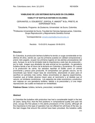 Rev. Colombiana cienc. Anim. 2(1).2010 REVISIÓN
215
VIABILIDAD DE LOS SISTEMAS BUFALINOS EN COLOMBIA
VIABILITY OF BUFFALIN SISTEMS IN COLOMBIA
CERVANTES, A. EDILBERTO1
, ESPITIA, P. AMADO2*
M.Sc, PRIETO, M.
ESPERANZA2
M.Sc.
1
Estudiante, Programa de Zootecnia, Universidad de Sucre, Colombia.
2
Profesores Universidad de Sucre, Facultad de Ciencias Agropecuarias, Colombia.
Grupo Reproducción y Mejoramiento Genético Animal
*
Correspondencia: amado.espitia@unisucre.edu.co
Recibido: 15-03-2010; Aceptado: 05-06-2010.
Resumen
En Colombia, la producción lechera bufalina ha tenido un auge considerable en los
últimos 20 años, siendo así, que los primeros puestos en calidad composicional y
precio neto pagado, ocupan los primeros lugares en las plantas procesadoras del
país. Aunque no se le ha brindado toda la importancia a este tipo de producción -
por la mala imagen que alrededor de este animal se ha suscitado - la ganadería
bufalina tiende a ser el futuro de la lechería en Colombia y Suramérica. En cuanto
a la producción de carne, los estudios reportan al búfalo como un animal
prominente y precoz para producirla. Al compararlos con ganado vacuno, se ha
encontrado que tienen mayor tasa de crecimiento, alcanzando el peso para el
sacrificio en periodos más cortos. Datos encontrados en algunos experimentos,
muestran que el búfalo alcanza mayor peso al nacimiento y al destete que el
vacuno, en similares condiciones. Los aspectos de orden económico y productivo
son mejores en una ganadería bufalina, debido a la precocidad y a una mejor
reproducción, las cuales se traducen en rentabilidad.
Palabras Claves: búfalos, lechería, precocidad, rentabilidad
Abstract
In Colombia the bubaline milk production has had a considerable height in the last
20 years, being thus, that the first positions in compositional quality and paid net
price, occupy the first places in the plants processors of the country; although all
the importance to this type of operation has not offered him all those of the law, by
the bad images that around this animal have been provoked, the bubaline cattle
 