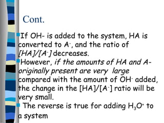 Cont.
If OH- is added to the system, HA is
converted to A-
, and the ratio of
[HA]/[A-] decreases.
However, if the amounts of HA and A-
originally present are very large
compared with the amount of OH-
added,
the change in the [HA]/[A-
] ratio will be
very small.
 The reverse is true for adding H3O+
to
a system
 