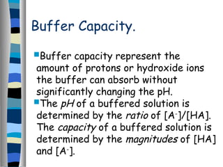 Buffer Capacity.
Buffer capacity represent the
amount of protons or hydroxide ions
the buffer can absorb without
significantly changing the pH.
The pH of a buffered solution is
determined by the ratio of [A-
]/[HA].
The capacity of a buffered solution is
determined by the magnitudes of [HA]
and [A-
].
 