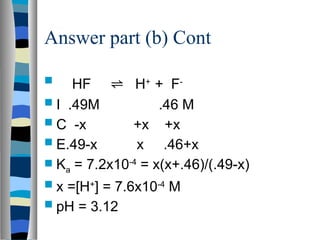 Answer part (b) Cont
 HF ⇌ H+
+ F-
 I .49M .46 M
 C -x +x +x
 E.49-x x .46+x
 Ka = 7.2x10-4
= x(x+.46)/(.49-x)
 x =[H+
] = 7.6x10-4
M
 pH = 3.12
 