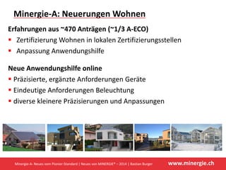www.minergie.ch
Neue Anwendungshilfe online
Präzisierte, ergänzte Anforderungen Geräte
Eindeutige Anforderungen Beleuchtung
diverse kleinere Präzisierungen und Anpassungen
Minergie‐A: Neuerungen Wohnen
Erfahrungen aus ~470 Anträgen (~1/3 A‐ECO)
Zertifizierung Wohnen in lokalen Zertifizierungsstellen
Anpassung Anwendungshilfe
Minergie‐A‐ Neues vom Pionier‐Standard | Neues von MINERGIE® – 2014 | Bastian Burger
 