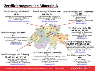 www.minergie.ch
Zertifizierungsstellen Minergie‐A
Zertifizierungsstelle Chur: 
GR 
Amt für Energie
Rohanstrasse 5, 7001 Chur
081 257 36 30
gr@minergie.ch
Zertifizierungsstelle Canobbio: 
TI
Centro cantonale di certificazione Minergie Ticino
c/o SUPSI‐DACD
Istituto di sostenibilità applicata all'ambiente costruito
Via Trevano, 6952 Canobbio
058 666 63 22
ti@minergie.ch
Zertifizierungsstelle Frauenfeld: 
TG, SH
Departement für Inneres und 
Volkswirtschaft
Abteilung Energie
Verwaltungsgebäude, 8510 Frauenfeld
052 724 28 51
tg@minergie.ch
Zertifizierungsstelle Horw: 
LU, NW, OW, UR, SZ, ZG
Zertifizierungsstelle Minergie Kanton Luzern
Hochschule Luzern – Technik & Architektur
Technikumstrasse 21, 6048 Horw
041 349 32 76
lu@minergie.ch
Zertifizierungsstelle Muttenz: 
AG, SO, ZH
Zertifizierungsstelle MINERGIE‐A®
St. Jakobsstrasse 84, 4132 Muttenz
T061 467`42`64
Minergie‐a@minergie.ch
Zertifizierungsstelle Bern: 
BE
Minergie‐Zertifizierungsstelle Kanton 
Bern
Optingenstrasse 54, 3000 Bern 25
031 340 35 34
bern@minergie.ch
Zertifizierungsstelle Basel: 
BS, BL
Minergie‐Zertifizierungsstelle beider Basel
Schönaustrasse 35, 4058 Basel
061 273 00 72
bl@minergie.ch bs@minergie.ch
Zertifizierungsstelle SG
SG, FL, AI, AR, GL
Energieagentur St. Gallen GmbH
Minergie
Vadianstrasse 6, 9000 St. Gallen
058 223 71 99
sg@minergie.ch
Zertifizierungsstelle Fribourg: 
FR, GE, JU, NE, VD, VS
MINERGIE® Agentur Romandie 
MINERGIE® Agence bâtiment
Grandes Rames 12/14, 1700 Fribourg
romandie@minergie.ch
Minergie‐A‐ Neues vom Pionier‐Standard | Neues von MINERGIE® – 2014 | Bastian Burger
 