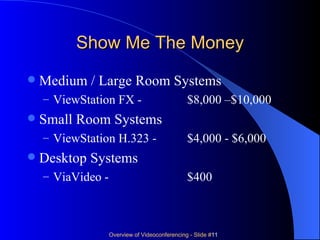 Show Me The Money Medium / Large Room Systems ViewStation FX -  $8,000 –$10,000 Small Room Systems ViewStation H.323 - $4,000 - $6,000 Desktop Systems ViaVideo - $400 