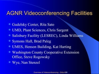 AGNR Videoconferencing Facilities Gudelsky Center, Rita Sato UMD, Plant Sciences, Chris Sargent Salisbury Facility (LESREC), Linda Williams Symons Hall, Brad Paleg UMES, Henson Building, Kat Harting Washington County Cooperative Extension Office, Steve Rogowsky Wye, Nan Stenzel 