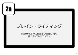 2a
ブレイン・ライティング
沈思黙考系の⼈材が多い組織に向く
書くタイプのブレスト
25
 