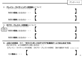 ２．ブレイン・ライティング＜収束編＞について
発想の促進となる点は・・・【 】
発想の阻害となる点は・・・【 】
３．ゼブラ・ブレスト＜収束編＞について
発想の促進となる点は・・・【 】
発想の阻害となる点は・・・【 】
４．上記2つの技法、及び、“ホワイトボードのアイデアを議⻑が⼀人でまとめる”⽅式、
の3つのうち、より効果的だと感じるのは・・・
【ブレイン・ライティングの収束】【ゼブラ・ブレストの収束】【後で議⻑が 方式】（←どれか１つに〇を）
その理由は・・・【 】
アンケート２
収束編は、
こちらを先に
やりました
43
（面白いいアイデアに☆つけて回し、シートをカード状にちぎり、グループ化する収束方法）
（気に入ったアイデアを、各⼈A4の紙に書き、その中から1つを選出する収束方法）
 