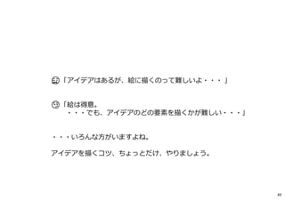 😥「アイデアはあるが、絵に描くのって難しいよ・・・ 」
😏「絵は得意。
・・・でも、アイデアのどの要素を描くかが難しい・・・」
・・・いろんな方がいますよね。
アイデアを描くコツ、ちょっとだけ、やりましょう。
49
 