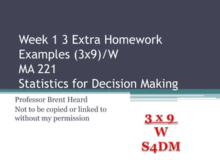 Week 1 3 Extra Homework
Examples (3x9)/W
MA 221
Statistics for Decision Making
Professor Brent Heard
Not to be copied or linked to
without my permission

 