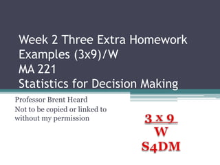 Week 2 Three Extra Homework
Examples (3x9)/W
MA 221
Statistics for Decision Making
Professor Brent Heard
Not to be copied or linked to
without my permission

 