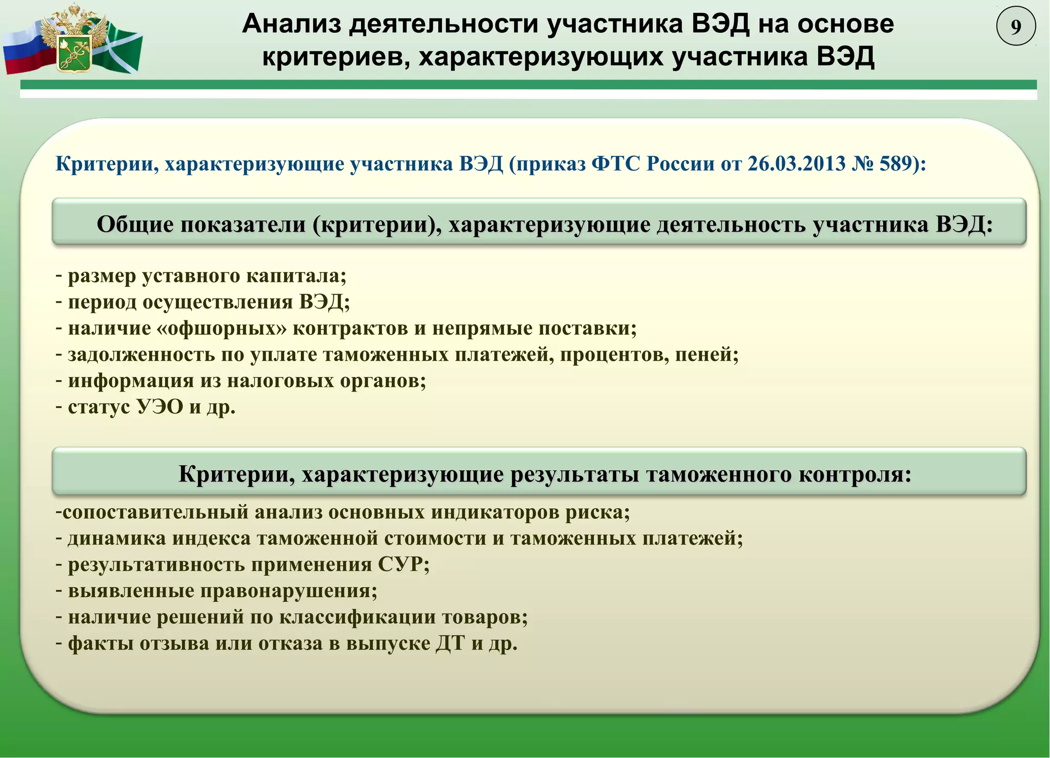 Анализ деятельности участника ВЭД на основе
критериев, характеризующих участника ВЭД
Критерии, характеризующие участника ВЭД (приказ ФТС России от 26.03.2013 № 589):
- размер уставного капитала;
- период осуществления ВЭД;
- наличие «офшорных» контрактов и непрямые поставки;
- задолженность по уплате таможенных платежей, процентов, пеней;
- информация из налоговых органов;
- статус УЭО и др.
-сопоставительный анализ основных индикаторов риска;
- динамика индекса таможенной стоимости и таможенных платежей;
- результативность применения СУР;
- выявленные правонарушения;
- наличие решений по классификации товаров;
- факты отзыва или отказа в выпуске ДТ и др.
Критерии, характеризующие результаты таможенного контроля:Критерии, характеризующие результаты таможенного контроля:
Общие показатели (критерии), характеризующие деятельность участника ВЭД:Общие показатели (критерии), характеризующие деятельность участника ВЭД:
9
 