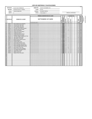LISTA DE ASISTENCIA Y CALIFICACIONES
                                                                                                                                                                                        R01.3
     PROFESOR:   HELGA CRUZ DOMINGUEZ                                   SEMESTRE:          AGOSTO-DICIEMBRE 2010

      MATERIA:   INTRODUCCION AL TURISMO                                     CLAVE:        IAT3-07

       GRADO:    TERCER SEMESTRE                                         PERÍODO:          SEGUNDO PARCIAL

       GRUPO:    C                                                           FECHA:        19 de January '11                                               FIRMA DEL PROFESOR


                                                                                       PERIODO DE IMPARTICIÓN DE CLASES




                                                                                                                                                                                                        Cumple con el % de
                                                                                                                                                             % PARÁMETROS




                                                                                                                                                                                                                             Aprobó el examen?
                                                                                                                                                                                         CALIFICACIÓN


                                                                                                                                                                                                           asistencia?
                                                                                                                                   % ASISTENCIA




                                                                                                                                                             PARTICPA
                                                                                       SEPTIEMBRE OCTUBRE




                                                                                                                                                  EXAMEN




                                                                                                                                                                                 SUMA
                                                                                                                                                                        TAREAS
# MATRÍCULA             NOMBRE DEL ALUMNO




                                                                                                                          FALTAS
                                                         13
                                                              20
                                                                   22
                                                                        24
                                                                             27
                                                                                  29
                                                                                                                                                  50         25         25       100




                                                                                       1
1     094003     Arias González Franca Alejandra         1    1    1    1    1    1    1                                  0        100            39         16         25       80        8                  1                 1
2     094044     Contreras Díaz Ángel Javier             1    1    1    1    1    1    0                                  1        86             36         14         25       75        7                  1                 1
3     094055     Corona Amador Juan Carlos               1    1    1    1    1    1    1                                  0        100            36         14         25       75        7                  1                 1
4     094071     Díaz Pinto María Montserrat             1    1    1    1    1    1    1                                  0        100            37         11         25       73        7                  1                 1
5     094086     Domínguez Caamal María Elizabeth        1    1    1    1    1    1    1                                  0        100            39         9          25       73        7                  1                 1
6     094076     Espinosa Vega Ingrid Daniela            1    1    1    1    1    1    1                                  0        100            38         14         25       77        8                  1                 1
7     094073     Gómez Farrera Michel                    1    1    1    1    1    1    1                                  0        100            37         16         25       78        8                  1                 1
8     094109     Góngora García Karla Marilyn            1    1    1    1    1    1    1                                  0        100            37         11         25       73        7                  1                 1
9     094049     González Díaz Mónica                    1    1    1    1    1    1    1                                  0        100            46         11         25       82        8                  1                 1
10    094092     González Mora Marco Antonio             0    1    1    1    1    1    1                                  1        86             39         9          25       73        7                  1                 1
11    104156     González Peña Alan Eduardo              1    1    1    1    1    1    1                                  0        100            36         11         25       72        7                  1                 1
12    094102     Hernández Delgado Guadalupe Del Pilar   1    1    1    1    1    1    1                                  0        100            38         7          25       70        7                  1                 1
13    094080     López Galarza María Aldeni              1    1    1    1    1    1    1                                  0        100            45         20         25       90        9                  1                 1
14    094099     López Reyes Luis Gerardo                1    0    1    1    1    1    1                                  1        86             40         14         25       79        8                  1                 1
15    094052     Memije Guzmán Sergio Armando            1    0    1    1    1    1    1                                  1        86             40         14         25       79        8                  1                 1
16    094010     Montoya Rodea Ali                       1    1    1    1    1    1    1                                  0        100            39         14         25       78        8                  1                 1
17    094118     Pineda González Jesús                   1    1    1    1    1    1    1                                  0        100            37         14         25       76        8                  1                 1
18    094037     Ramírez Bravo Rosendo Emilio            0    1    1    1    1    1    1                                  1        86             44         11         25       80        8                  1                 1
19    094013     Ramírez Rodríguez José Antonio          1    1    1    1    1    1    1                                  0        100            37         9          25       71        7                  1                 1
20    094017     Ramírez Sanmiguel Geraldine Hisell      1    1    1    1    1    1    1                                  0        100            38         14         25       77        8                  1                 1
21    104129     Romero Mondragón Brenda Carolina        1    1    1    1    1    1    1                                  0        100            37         9          25       71        7                  1                 1
22    094068     Xiomara
                 Samos Novelo Vivían Zoey                1    1    1    1    1    1    1                                  0        100            43         25         25       93        9                  1                 1
23    094019     Sánchez Pérez Gloria Guadalupe          1    1    1    1    1    1    1                                  0        100            40         18         25       83        8                  1                 1
24    104144     Urtuzuastegui Mendizabal Andrea         1    1    1    1    1    1    1                                  0        100            39         11         25       75        8                  1                 1
25    094088     Vargas Muñoz Enedely                    1    1    1    1    1    1    1                                  0        100            50         11         25       86        9                  1                 1
26    094024     Vásquez Cajina Iván                     1    1    1    1    1    1    1                                  0        100            50         10         25       85        9                  1                 1
27    094025     Vásquez Rocha Perla Isabel              1    1    1    1    1    1    1                                  0        100            46         16         25       87        9                  1                 1
28      0        0                                                                                                                                                                                            1                 0
29      0        0                                                                                                                                                                                            1                 0
30      0        0                                                                                                                                                                                            1                 0
31      0        0                                                                                                                                                                                            1                 0
32      0        0                                                                                                                                                                                            1                 0
33      0        0                                                                                                                                                                                            1                 0
34      0        0                                                                                                                                                                                            1                 0
35      0        0                                                                                                                                                                                            1                 0
36      0        0                                                                                                                                                                                            1                 0
37      0        0                                                                                                                                                                                            1                 0
38      0        0                                                                                                                                                                                            1                 0
 