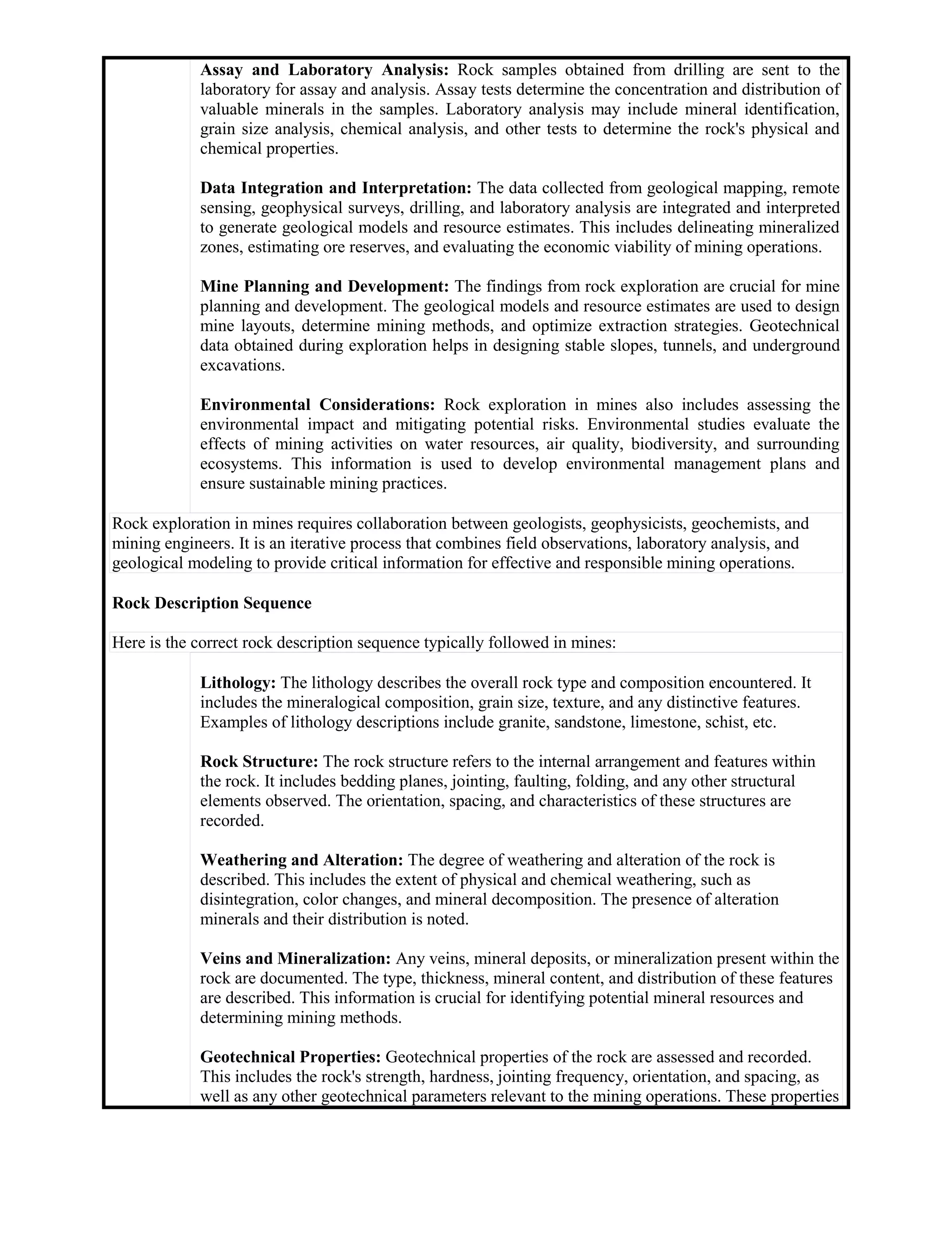 Assay and Laboratory Analysis: Rock samples obtained from drilling are sent to the
laboratory for assay and analysis. Assay tests determine the concentration and distribution of
valuable minerals in the samples. Laboratory analysis may include mineral identification,
grain size analysis, chemical analysis, and other tests to determine the rock's physical and
chemical properties.
Data Integration and Interpretation: The data collected from geological mapping, remote
sensing, geophysical surveys, drilling, and laboratory analysis are integrated and interpreted
to generate geological models and resource estimates. This includes delineating mineralized
zones, estimating ore reserves, and evaluating the economic viability of mining operations.
Mine Planning and Development: The findings from rock exploration are crucial for mine
planning and development. The geological models and resource estimates are used to design
mine layouts, determine mining methods, and optimize extraction strategies. Geotechnical
data obtained during exploration helps in designing stable slopes, tunnels, and underground
excavations.
Environmental Considerations: Rock exploration in mines also includes assessing the
environmental impact and mitigating potential risks. Environmental studies evaluate the
effects of mining activities on water resources, air quality, biodiversity, and surrounding
ecosystems. This information is used to develop environmental management plans and
ensure sustainable mining practices.
Rock exploration in mines requires collaboration between geologists, geophysicists, geochemists, and
mining engineers. It is an iterative process that combines field observations, laboratory analysis, and
geological modeling to provide critical information for effective and responsible mining operations.
Rock Description Sequence
Here is the correct rock description sequence typically followed in mines:
Lithology: The lithology describes the overall rock type and composition encountered. It
includes the mineralogical composition, grain size, texture, and any distinctive features.
Examples of lithology descriptions include granite, sandstone, limestone, schist, etc.
Rock Structure: The rock structure refers to the internal arrangement and features within
the rock. It includes bedding planes, jointing, faulting, folding, and any other structural
elements observed. The orientation, spacing, and characteristics of these structures are
recorded.
Weathering and Alteration: The degree of weathering and alteration of the rock is
described. This includes the extent of physical and chemical weathering, such as
disintegration, color changes, and mineral decomposition. The presence of alteration
minerals and their distribution is noted.
Veins and Mineralization: Any veins, mineral deposits, or mineralization present within the
rock are documented. The type, thickness, mineral content, and distribution of these features
are described. This information is crucial for identifying potential mineral resources and
determining mining methods.
Geotechnical Properties: Geotechnical properties of the rock are assessed and recorded.
This includes the rock's strength, hardness, jointing frequency, orientation, and spacing, as
well as any other geotechnical parameters relevant to the mining operations. These properties
 