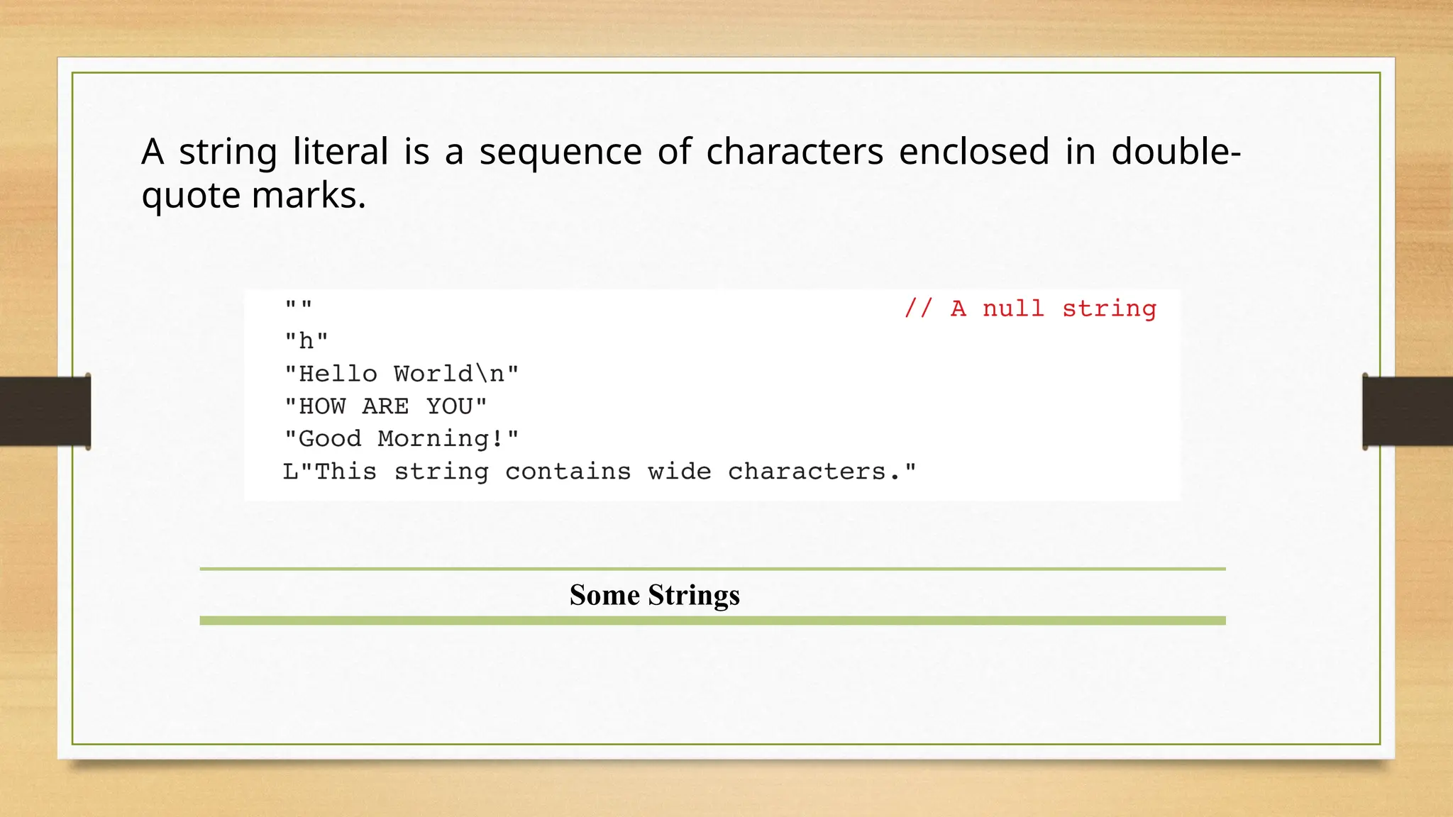 Some Strings
A string literal is a sequence of characters enclosed in double-
quote marks.
 