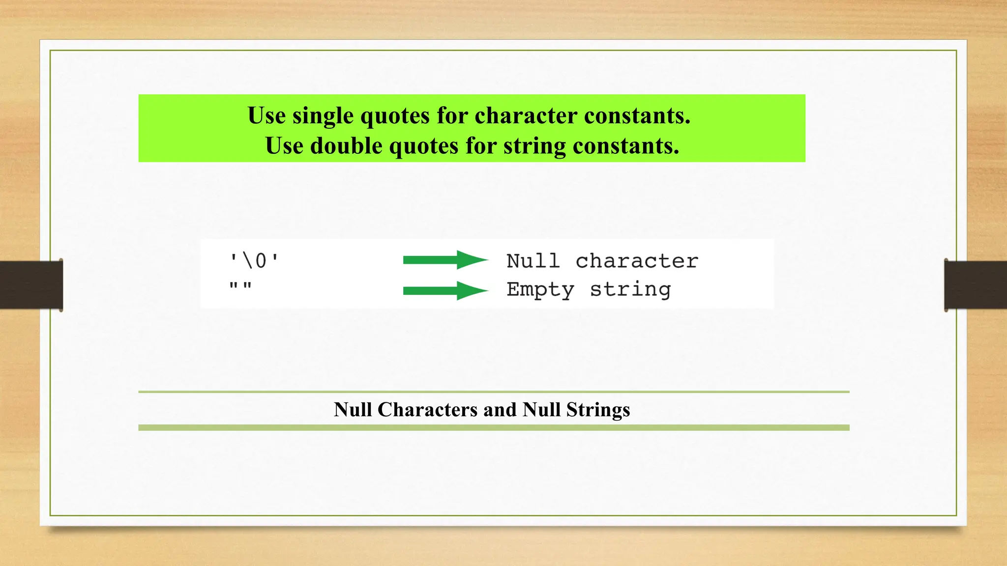 Null Characters and Null Strings
Use single quotes for character constants.
Use double quotes for string constants.
 