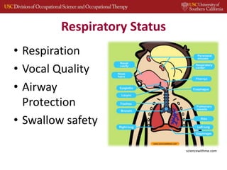 Respiratory Status
• Respiration
• Vocal Quality
• Airway
Protection
• Swallow safety
sciencewithme.com
 