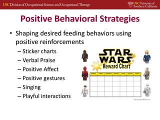 Positive Behavioral Strategies
• Shaping desired feeding behaviors using
positive reinforcements
– Sticker charts
– Verbal Praise
– Positive Affect
– Positive gestures
– Singing
– Playful interactions
 