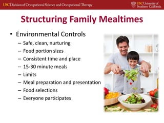 Structuring Family Mealtimes
• Environmental Controls
– Safe, clean, nurturing
– Food portion sizes
– Consistent time and place
– 15-30 minute meals
– Limits
– Meal preparation and presentation
– Food selections
– Everyone participates
 