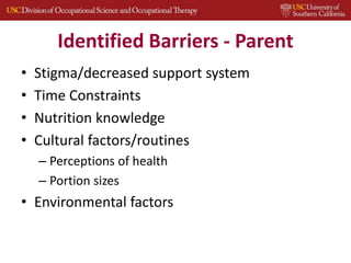 Identified Barriers - Parent
• Stigma/decreased support system
• Time Constraints
• Nutrition knowledge
• Cultural factors/routines
– Perceptions of health
– Portion sizes
• Environmental factors
 