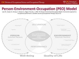 Person-Environment-Occupation (PEO) Model
Law, M., Cooper, B,. Strong, S., Stewart, D., Rigby, P. & Letts, L. 1996. The Person-Environment-Occupation Model: A transactive approach to
occupational performance. Canadian Journal of Occupational Therapy. 63(1):9-23
 