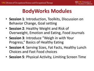 BodyWorks Modules
• Session 1: Introduction, Toolkits, Discussion on
Behavior Change, Goal setting
• Session 2: Healthy Weight and Risk of
Overweight, Emotion and Eating, Food Journals
• Session 3: Introduce “Weigh in with Your
Progress,” Basics of Healthy Eating
• Session 4: Serving Sizes, Fat Facts, Healthy Lunch
Choices and Fast Food choices
• Session 5: Physical Activity, Limiting Screen Time
 